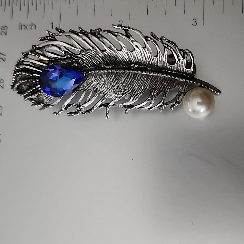 SILVER and  BLUE  Feather Hair Accessory with Peacock Design - Picture 4 of 5